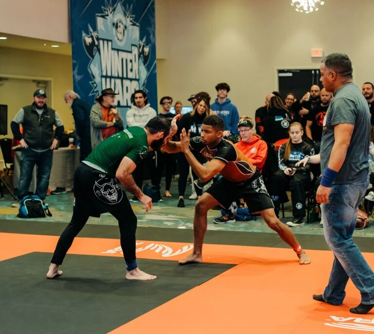 Two competitors facing off during a martial arts match